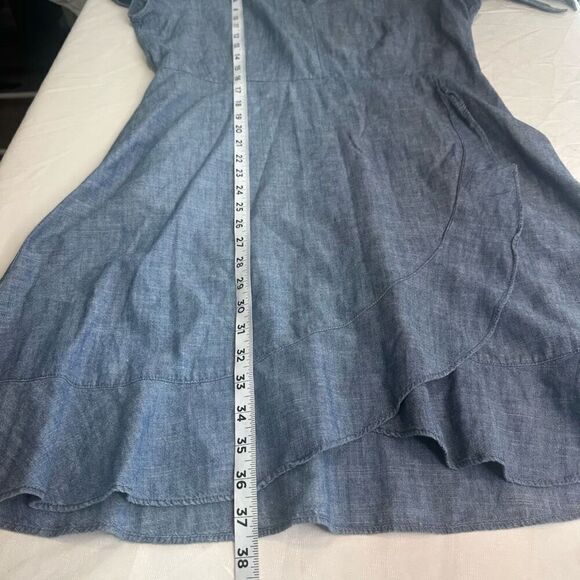 J.Crew Factory Blue Denim Chambray Faux Wrap Mini Dress Women 12 Minimalist Chic - Picture 9 of 12